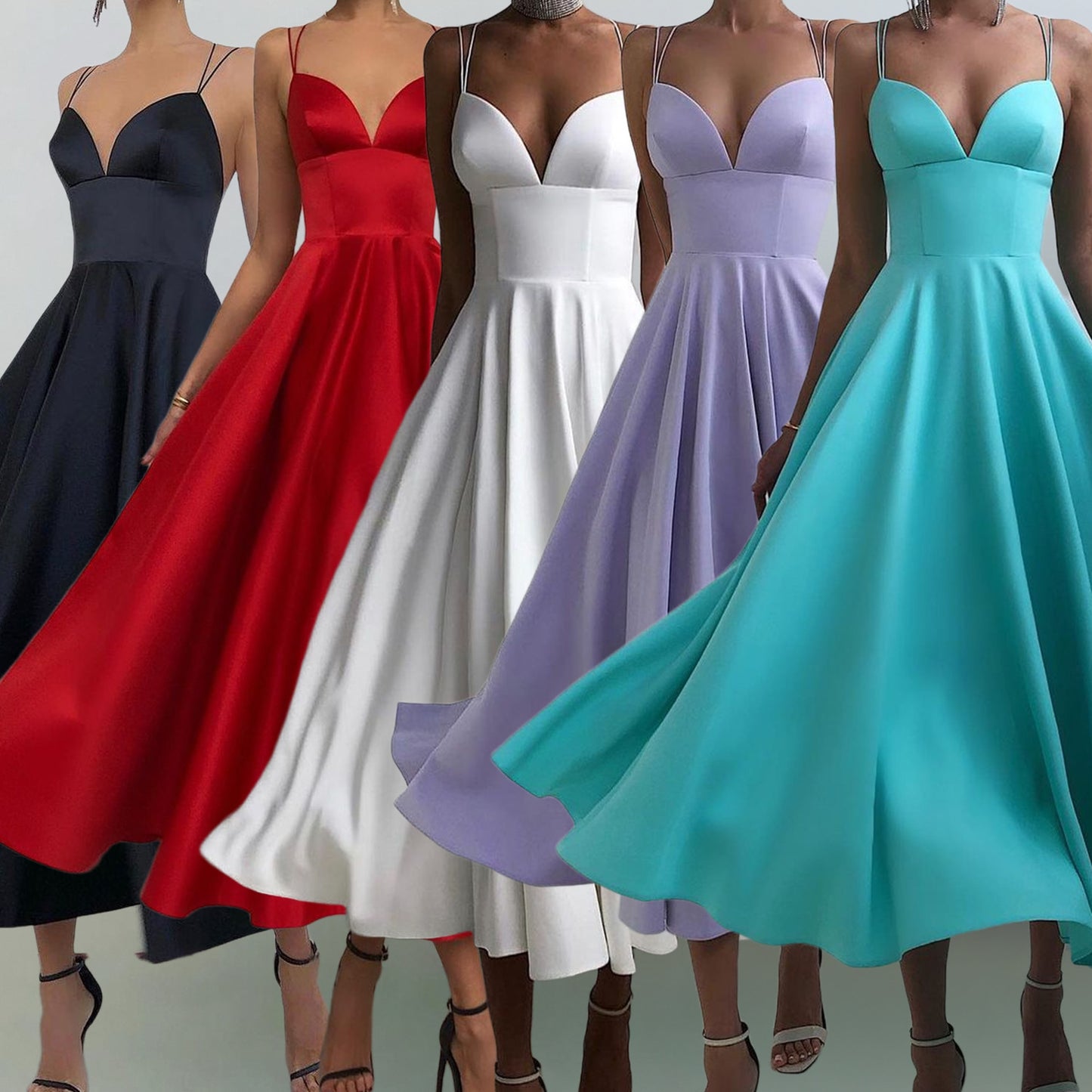 ZllKl Spring/Summer Cross-Border Women's Clothing Solid Color Hepburn Style Strap Dress Tube Top Stitching Midi Dress