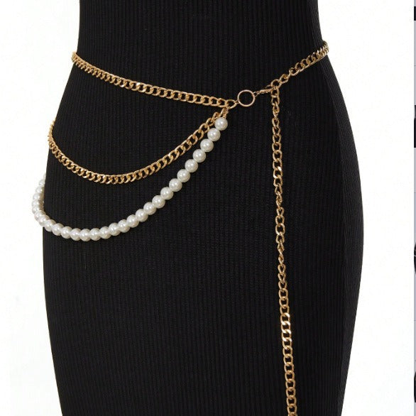 FB3326 2025 waist chain small ring connected pearl chain metal chain combination fringed waist chain waist decoration