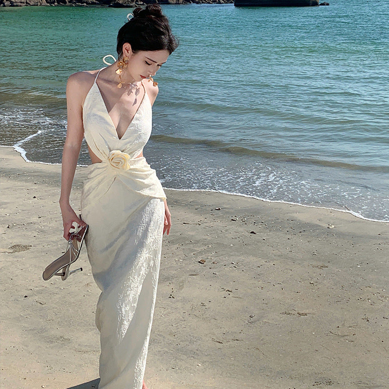 2025 Sexy V-neck halter neck skirt waist seaside vacation dress banquet dress skirt waist temperament long dress