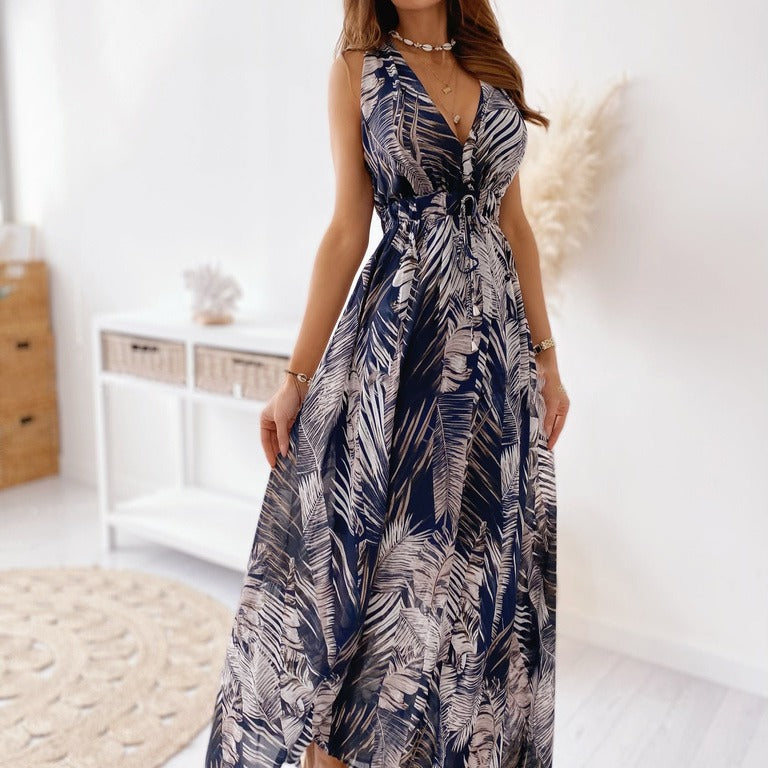 Zllk European and American Foreign Trade Independent Station Hot Summer New Printed Lace up Dress Women's Clothing