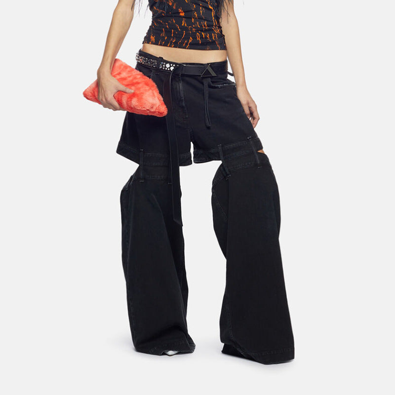 Super Loose Slimming Zhongshan Wide-Leg Pants 2025 Spring New Niche Style Unique Design Open-Leg Jeans for Women