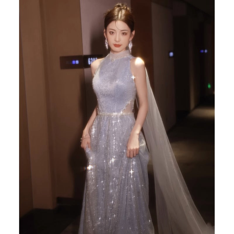 2025 Banquet evening dress 2025 new sequined art test high-end long dress blue neck bride return banquet toast dress
