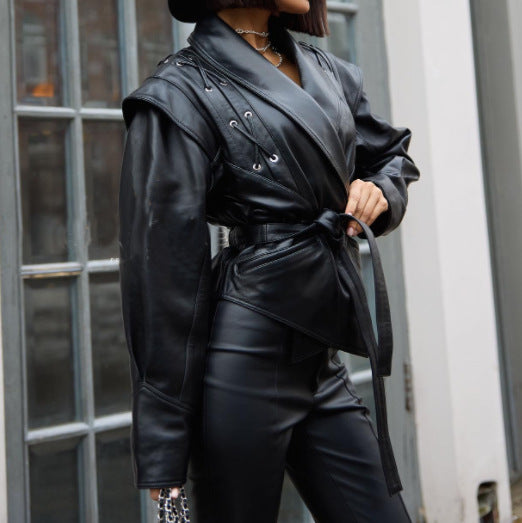 European and American cross-border 2025 winter retro lace-up faux leather jacket women's casual fashion lapel shawl Pu coat
