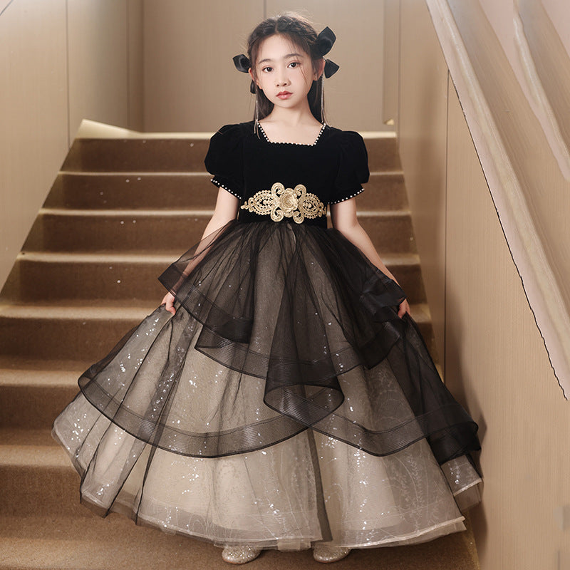 ZllKl Children's Dress Princess Dress Girls Evening Dress Light Luxury Minority High-End Black Host Piano Performance Costume