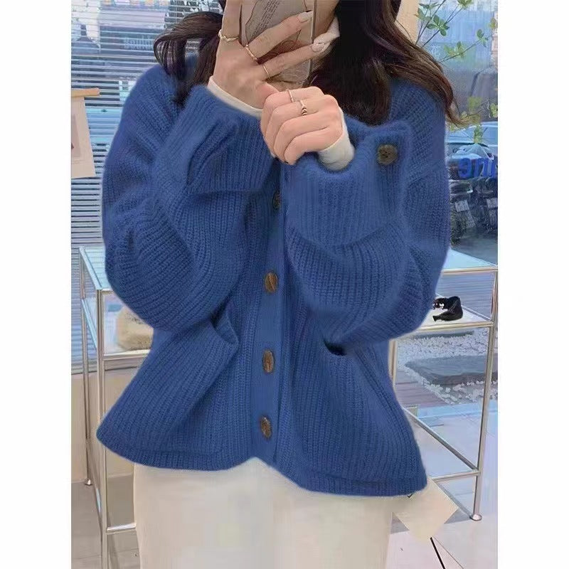 Korean autumn and winter soft milk raccoon fleece sweater women's v-neck design sense foreign fashion knitted cardigan jacket