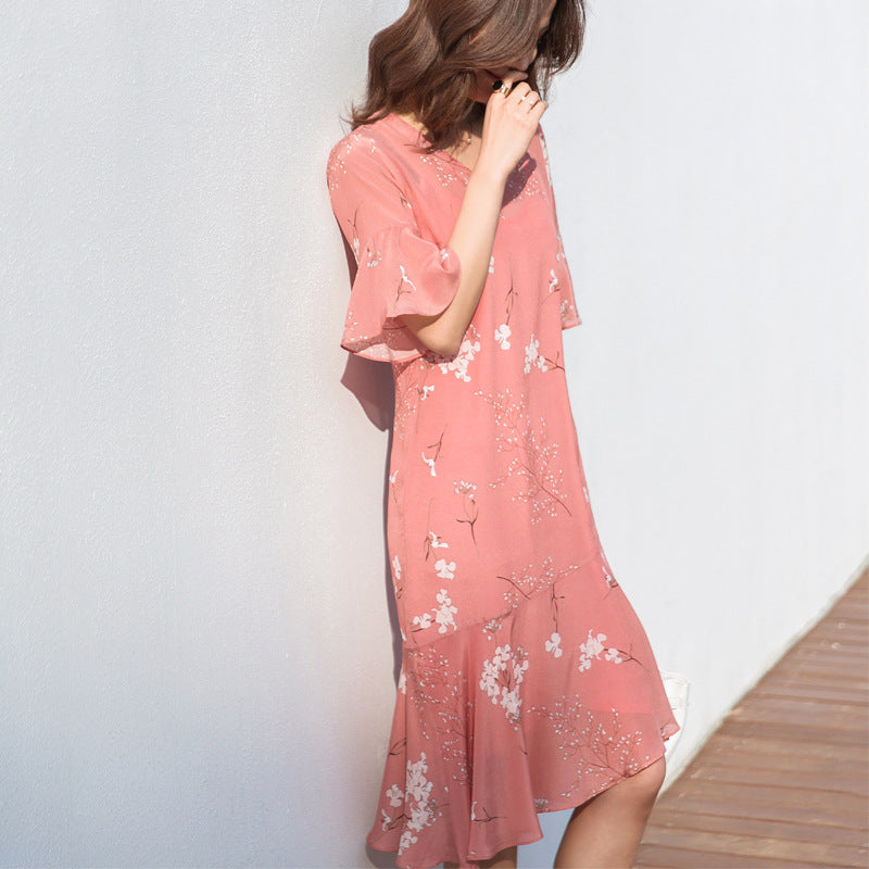 Silk dress female mulberry silk popular new spring and summer fairy loose medium and long chic temperament printed skirt