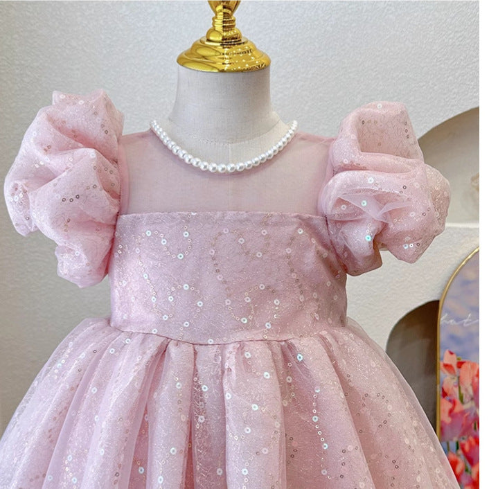 ZllKl Children's Dress New High-End Western Style Girl Bubble Sleeve Princess Dress Heavy Embroidery Sequins Birthday Performance Dress Summer