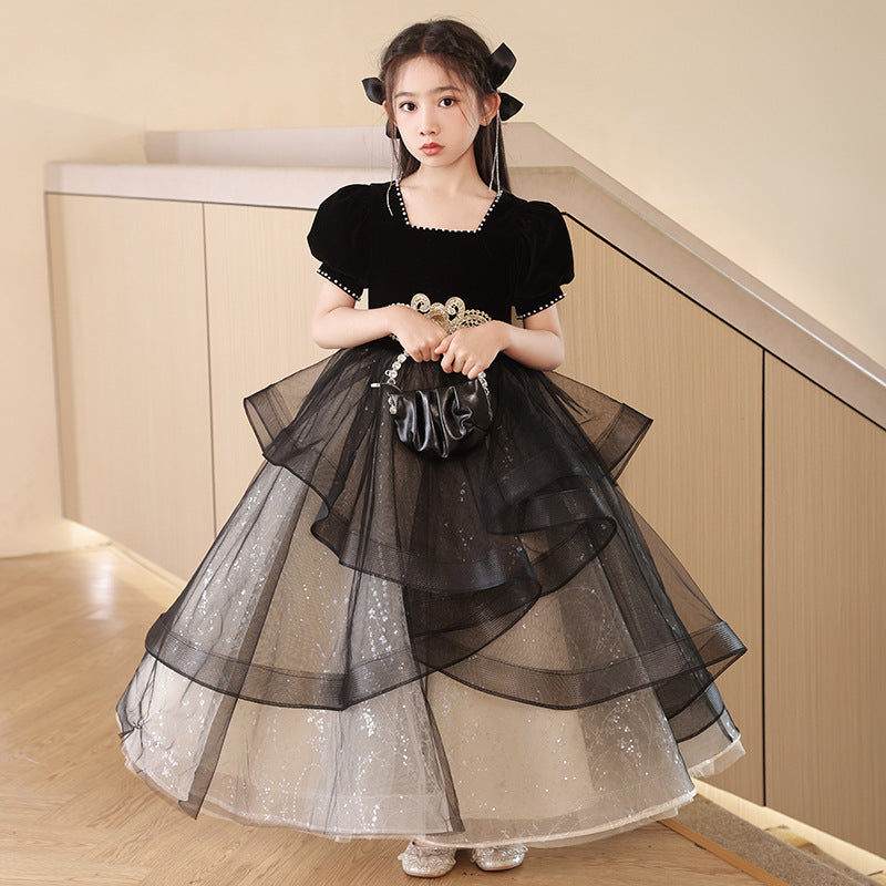 ZllKl Children's Dress Princess Dress Girls Evening Dress Light Luxury Minority High-End Black Host Piano Performance Costume