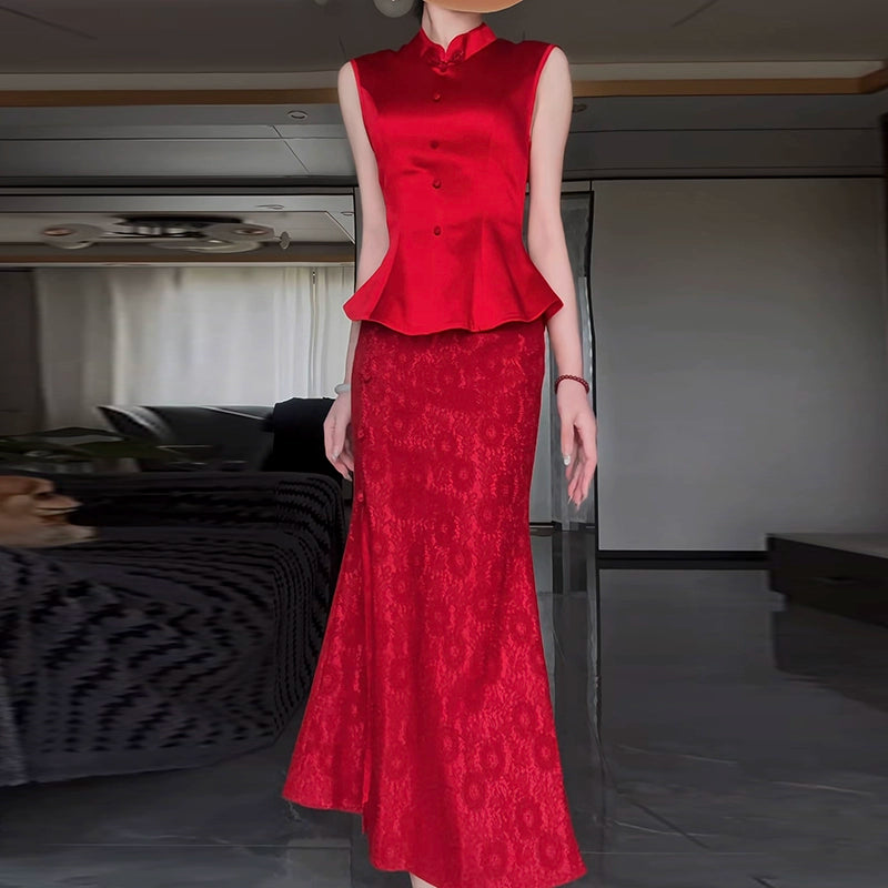 New Chinese morning gown bride wedding engagement retro fishtail dress temperament red wedding return banquet dress