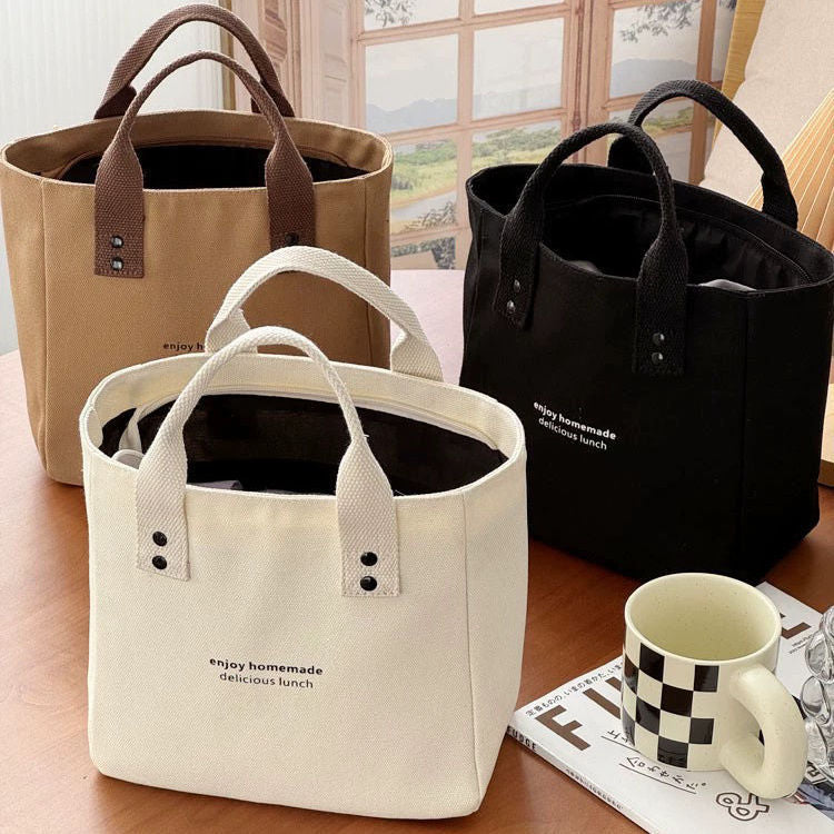 ZllKl Canvas Solid Color Handbag Japanese Bento Mummy Office Worker Simple Contrast Color Fashion Carrying Bag Lunch Box