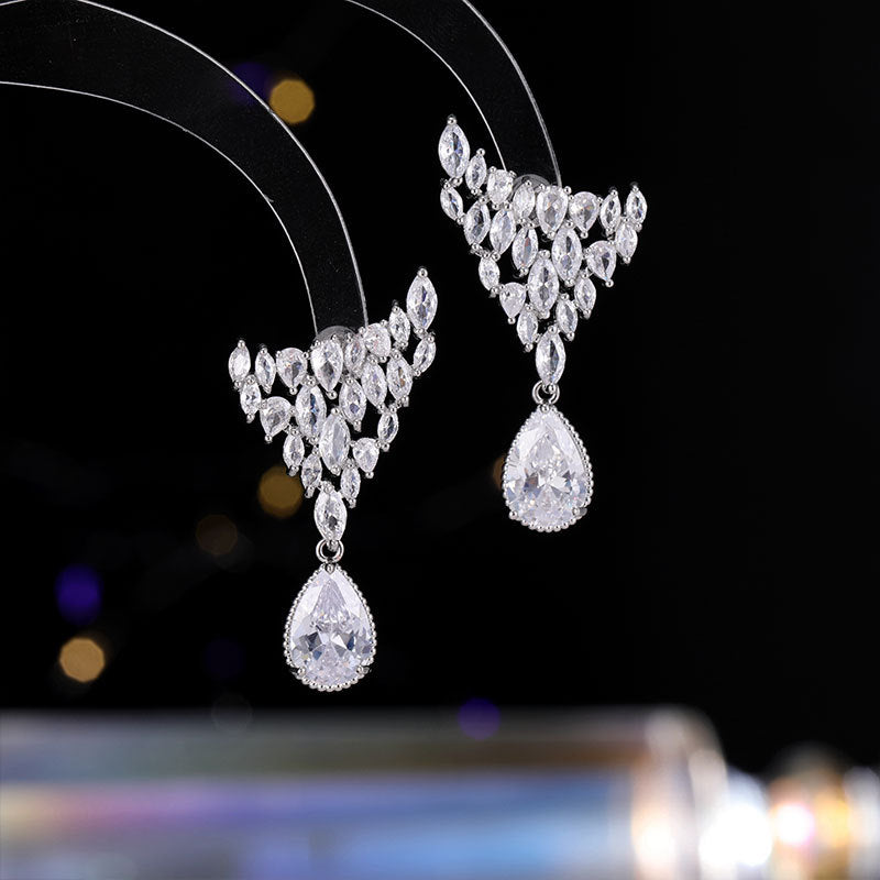 2025 S925 Silver Needle Earrings Wholesale Tide popular New Heavy Industry Design Sense Geometric Triangle Fishtail Water Drop Zircon Earrings