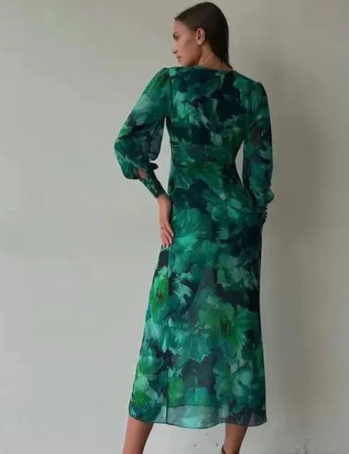 ZllKl Cross-Border Spring and Summer New Women's Clothing Dress V-neck REDLEAF Printed Foreign Trade Dress Large Swing Skirt
