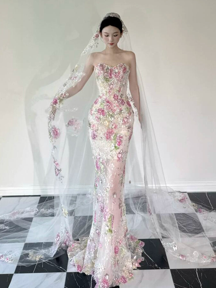 Morning robe female bride tube top high-end super fairy flower sequined fishtail dress temperament light luxury celebrity engagement dress