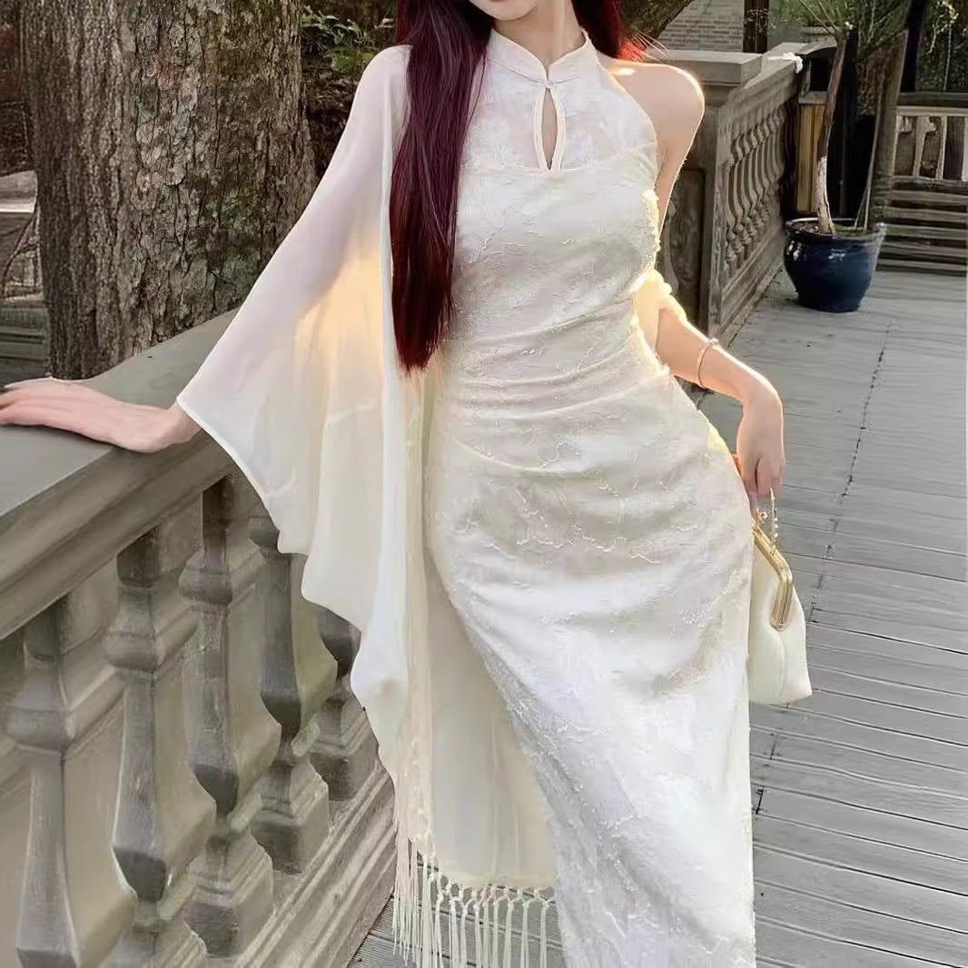 2025 Spring and summer new Chinese suit dress women's cold sense retro improved cheongsam white long dress bat sleeve cardigan