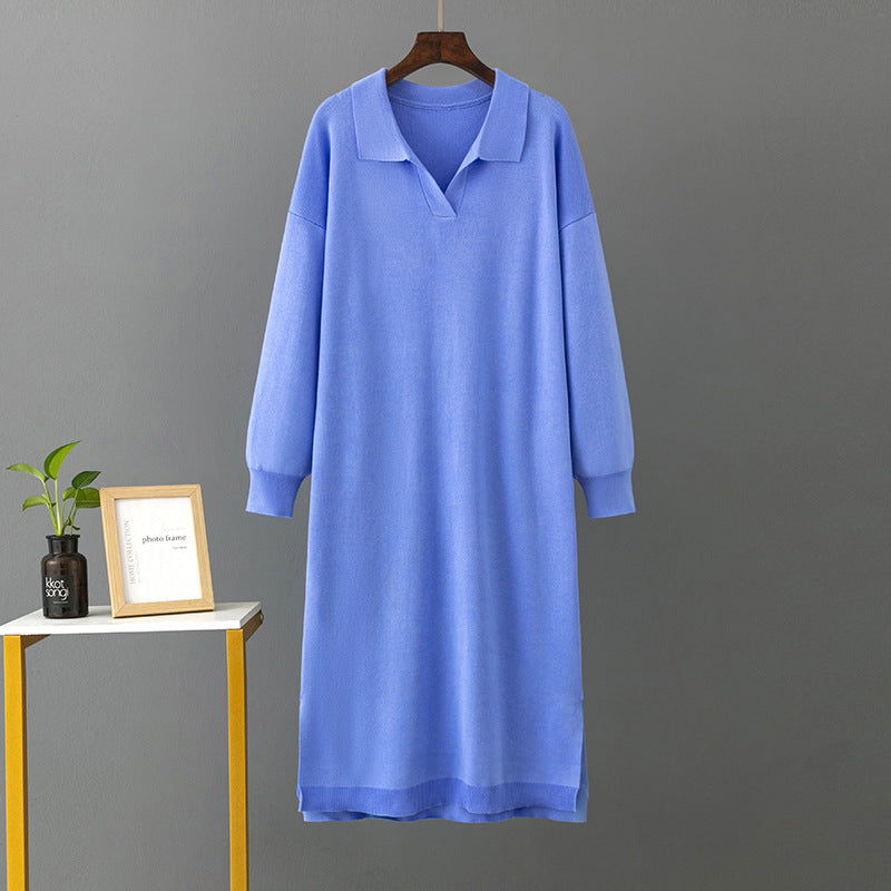 ZllKl 23 autumn and winter new 2025 Polo collar bottoming knitted long dress loose large size solid color women's dress