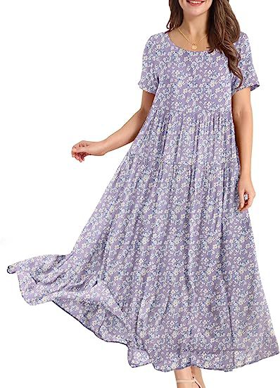ZllKl Summer Beach Midi Dress Comfortable Pleated Dress Casual Loose Floral Dress