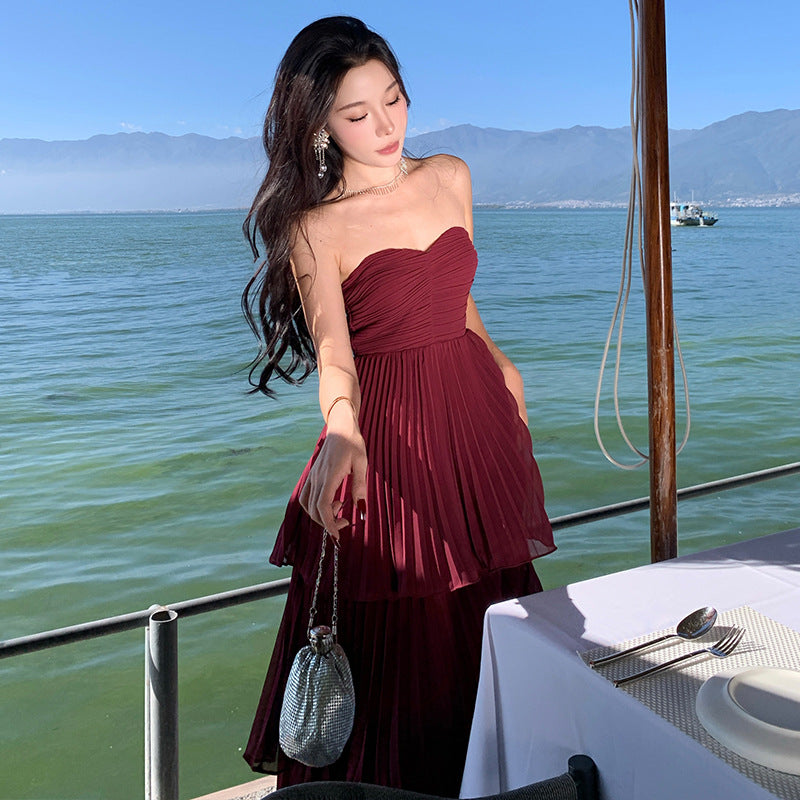 2025 pleated temperament skirt tube top cake skirt pleated high-end dress dress long skirt to ankle super long