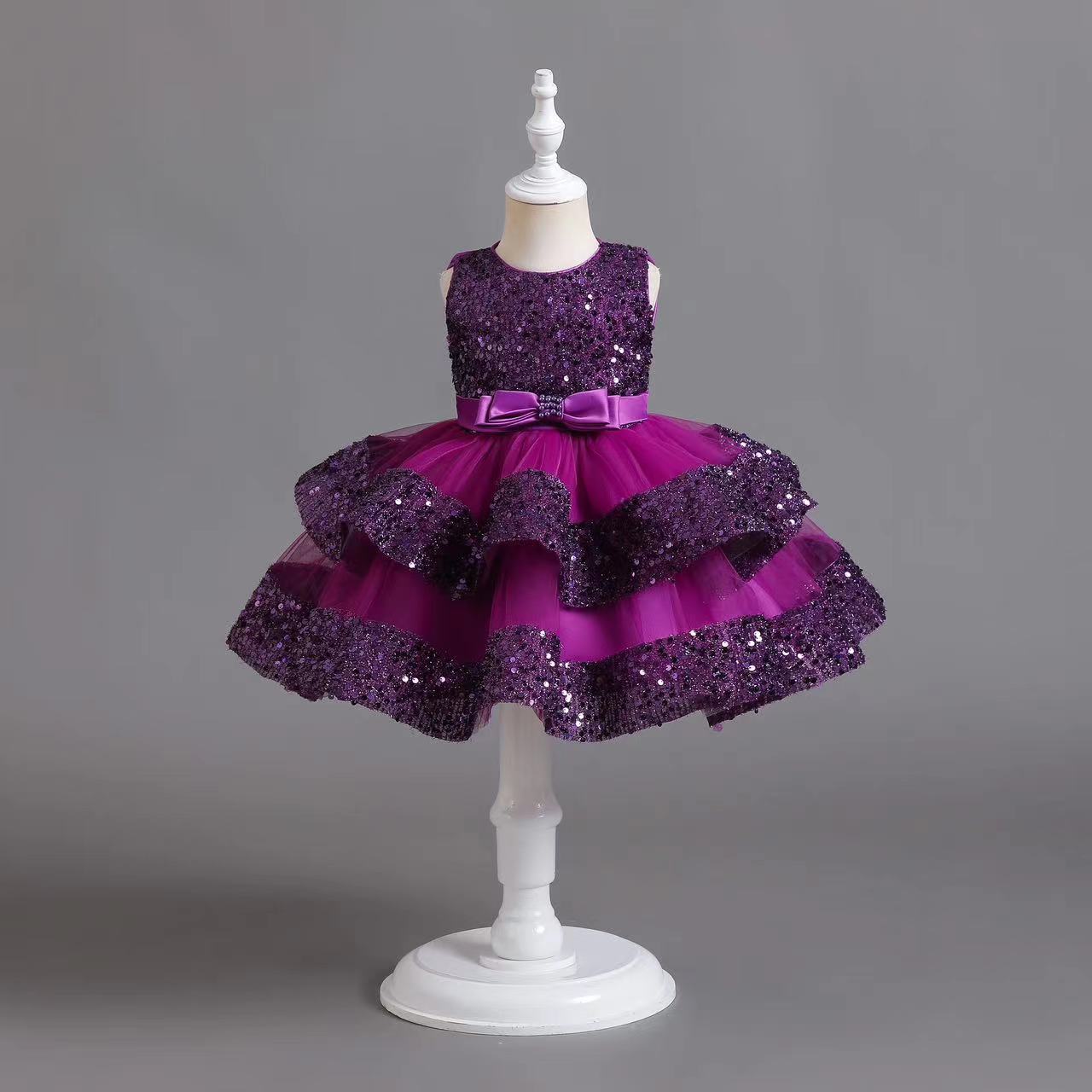 ZllKl Cross-Border New Arrival Red Children's Dress Sequined Princess Dress Baby Girl Birthday Banquet Skirt Girl Performance Wear