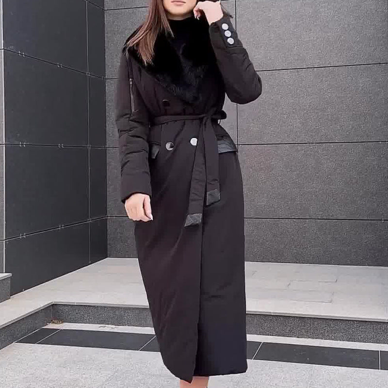 winter new European and American cross-border fashion solid color fluffy lapel tie waist long cotton clothes women