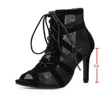 ZllKl Cross-Border Foreign Trade New Black Mesh Suede Fashion Cross Lace-up European and American plus Size Peep Toe Sexy High Heel Lace-up Women's Shoes