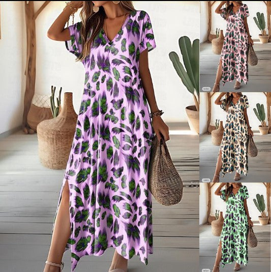 Zllk Women's Casual Dress Summer Digital Printing Split V-neck Street Style Short Sleeve Regular Dress