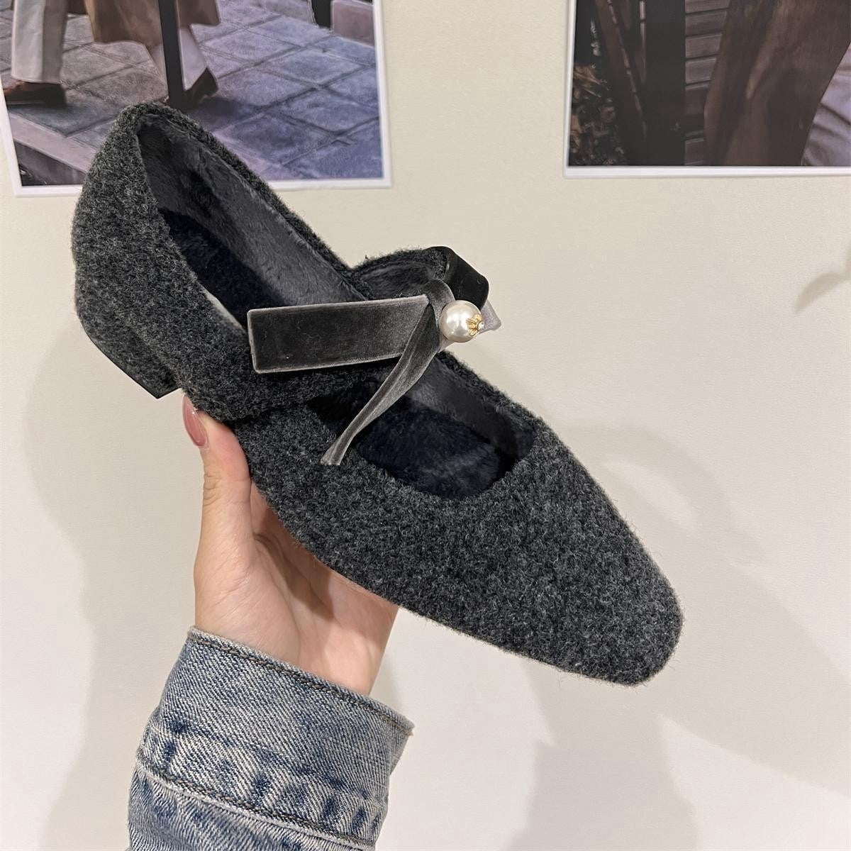 2025 thick heel gray single shoes with skirt evening shoes women's shoes popular autumn and winter plush Mary Jane fluffy shoes