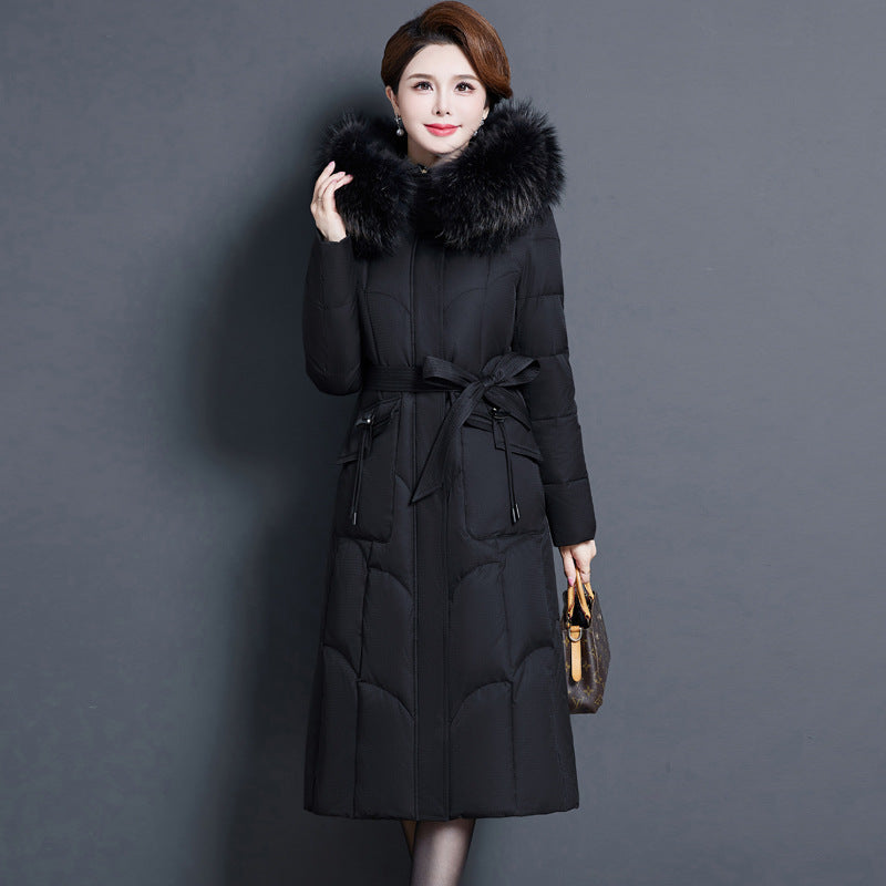 2023 new fashionable and foreign medium and long mother thickened winter knee jacket middle-aged white duck down jacket women