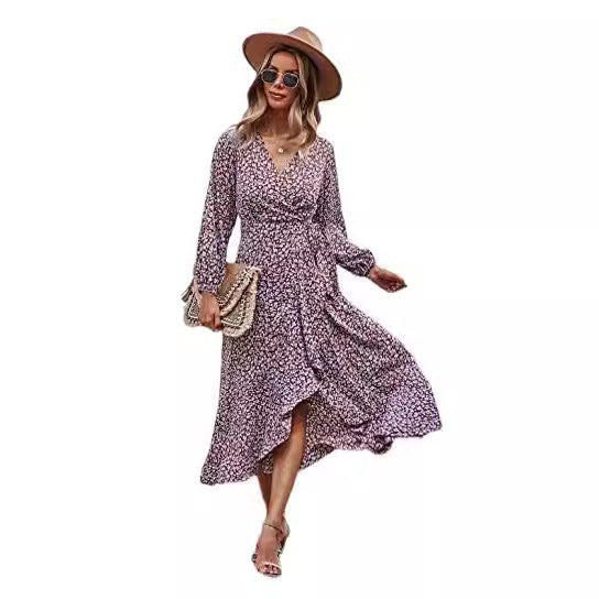 Zllk In Stock! European and American Foreign Trade Women's Long Sleeve Wrap Dress Flower Printed V-neck Autumn and Winter Dress