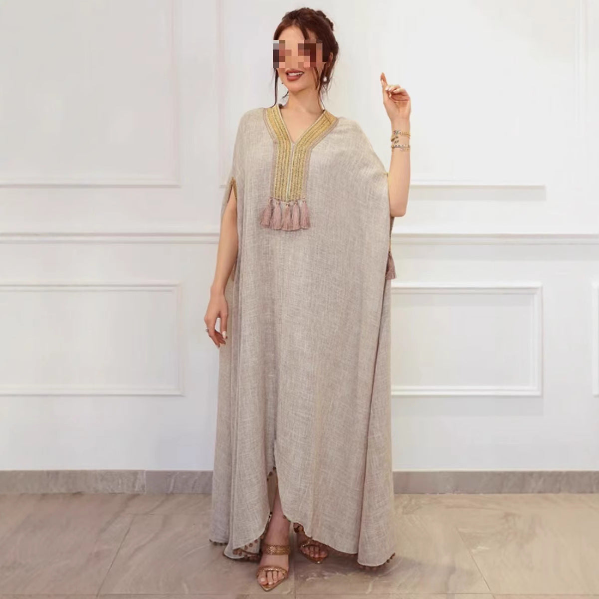 popular autumn and winter New Popular, 2025, Middle East Popular trade women's clothing independent station linen fringed traditional robe