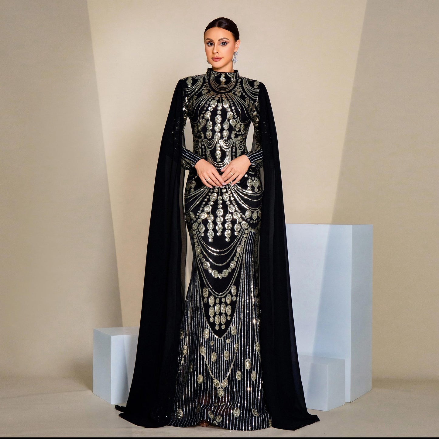 r 2025 high-end temperament sexy long sequins long sleeves crew neck banquet evening dress bridesmaid dress women