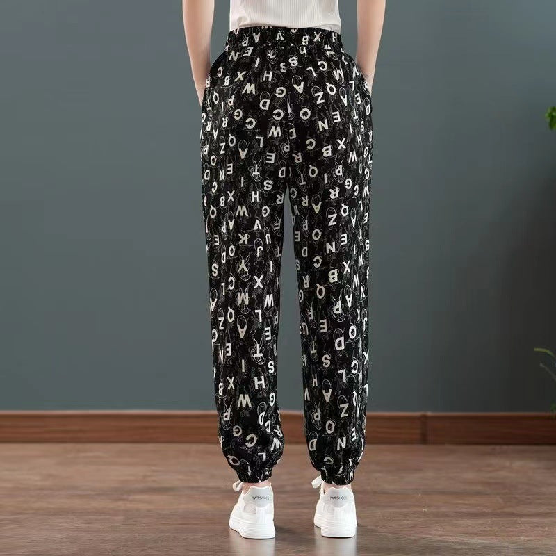 ZllKl Ice Silk Plaid Casual Pants Women's Summer Thin Cool Women's Lantern Pants Large Cropped Casual Harem Tappered Pants