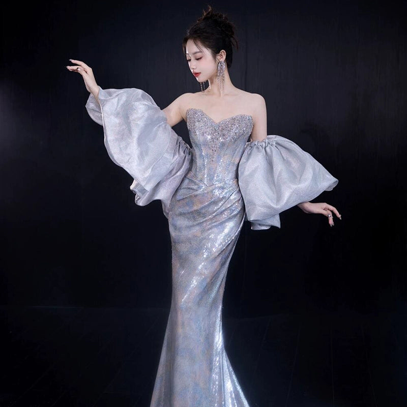 High-end sequined evening dress heavy industry tube top bride engagement fishtail temperament light luxury socialite banquet dress