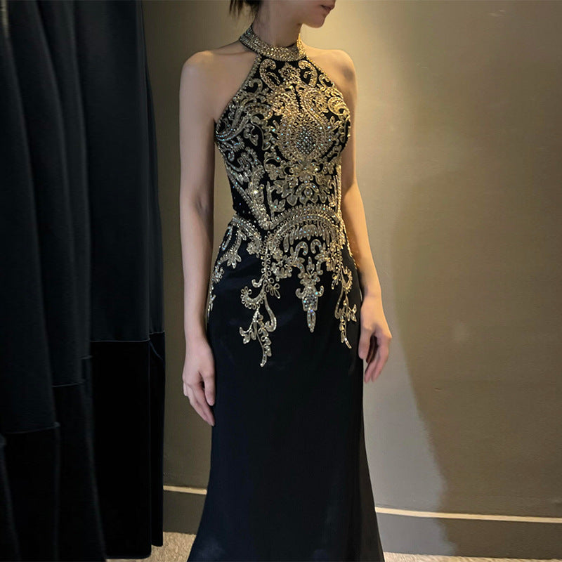 2025 Host Dress High Sense Banquet Chorus Dress Black Fishtail Neck Vocal Art Examination Solo Performance Dress