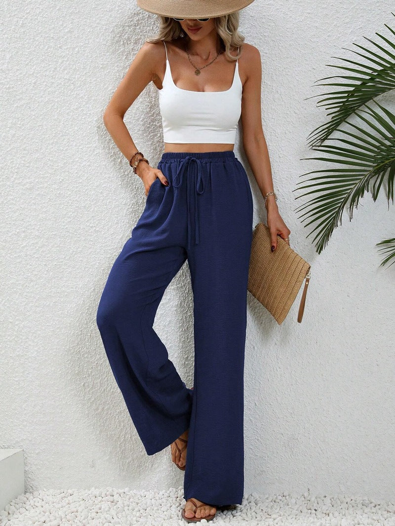ZllKl Tiktoktemu European and American Women's Clothing Spring and Summer New Versatile Solid Color Mop Wide Leg Pants Casual Pants