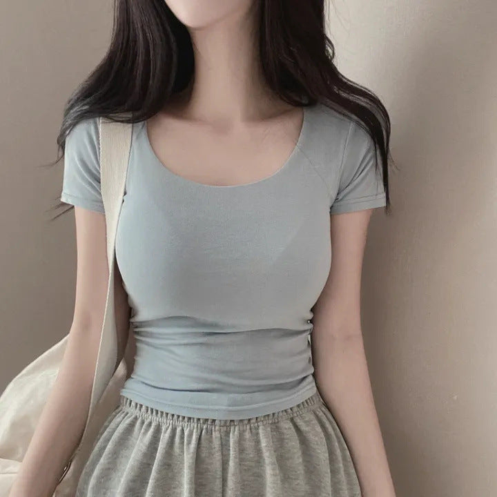 ZLLKL Manufacturer's black basic square neck short-sleeved t-shirt short summer and Korean version pure cotton color base thin slim and thin