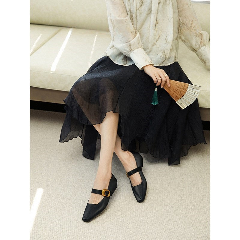 2025 Quiet luxury style silk square head single shoes women's low thick heel new comfortable commuting temperament women's shoes