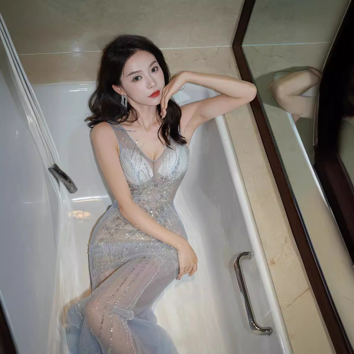 2025 Charming milk leakage perspective hollowed out sexual interest pure desire sexy temptation shiny hot tight KTV bath evening dress