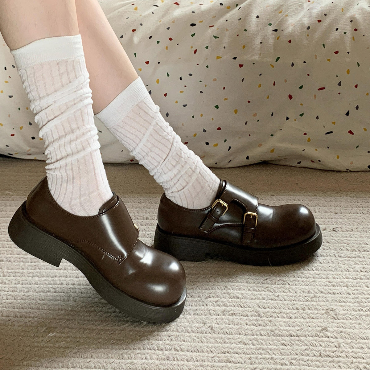 2025 Small man thick-soled heightened deep-mouth single shoes women's round head one-pedal small leather shoes college style jk uniform shoes
