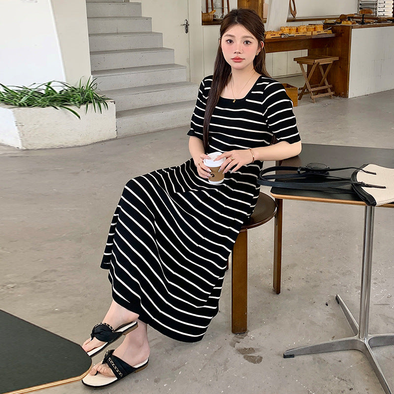 ZllKl 100.00kg plus Size Women's Clothing Square Collar Short Sleeve T-shirt Skirt Summer Plump Girls Slimming Stripes Knitted Dress 22301