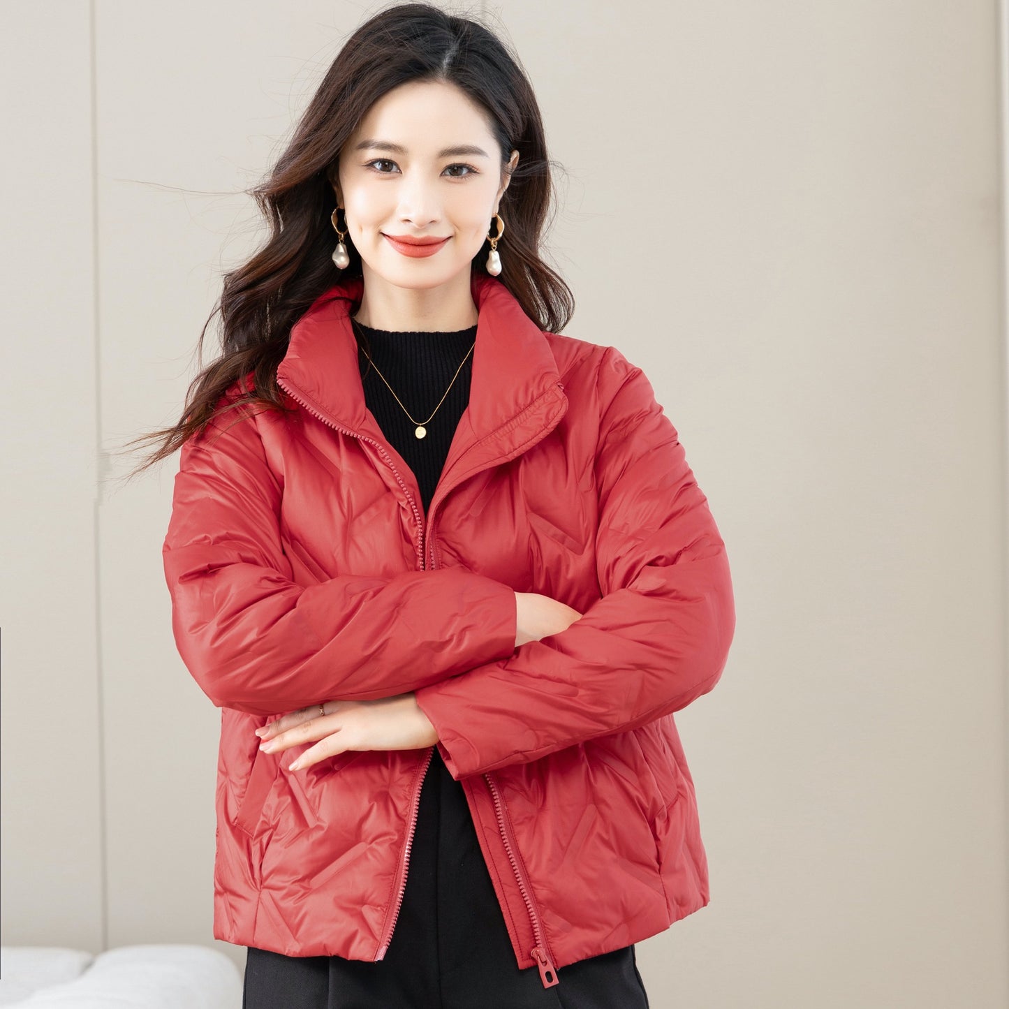 Down jacket women's light casual stand-up collar small short winter silhouette temperament white duck down thin cotton-padded coat