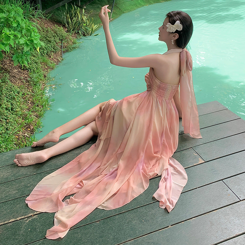 2025 Pink smudged neck suspender dress female pendant feeling elegant fairy dress high-end temperament dress long dress