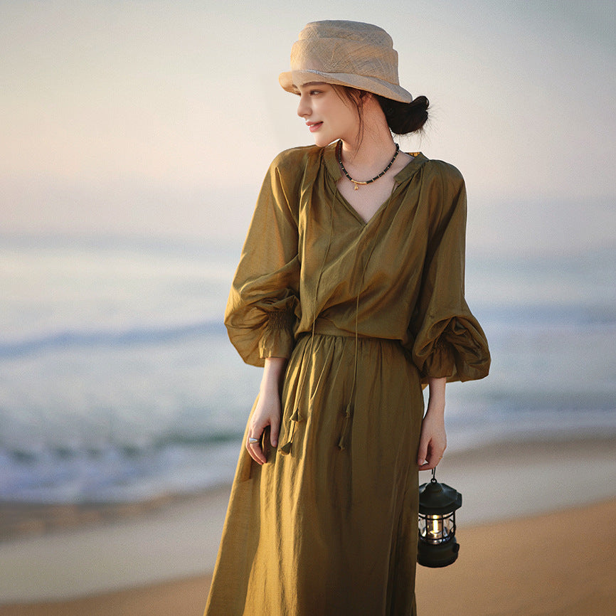 2025 New clothes women's summer suit, lantern sleeve top A-shaped skirt skirt B0727 Tencel two-piece suit women