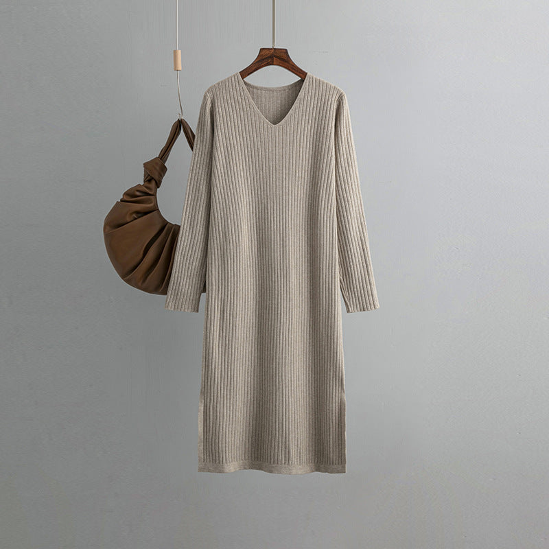ZllKl Autumn and winter v-neck knitted dress women's outerwear straight tube thin long-sleeved pit strip split bottom knee sweater skirt