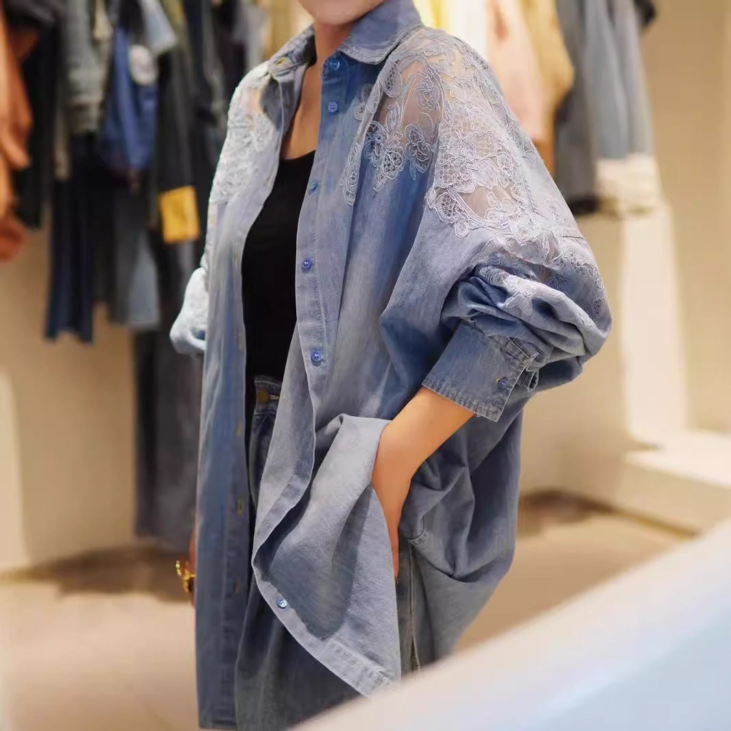 2025 popular Early Autumn Denim Shirt Splicing Lace Embroidered Bat Shirt Versatile Denim Jacket