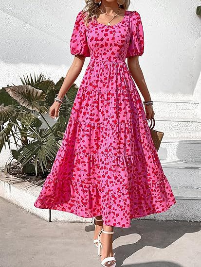 ZllKl European and American Foreign Trade Cross-Border Women's Clothing Bubble Sleeve Pleated Backless Print Layered Short Sleeve Dress