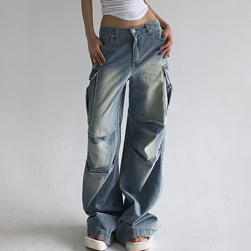 2025 Street Washed White Side Multi-Pocket Wide-Leg Jeans Women's Low Waist Loose Slimming Pleated Trousers Spring