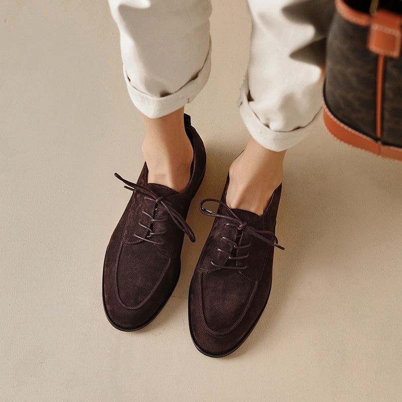 2025 Great to wear~ Frosted lace-up flat heel single shoes women's British style loafers retro small leather shoes