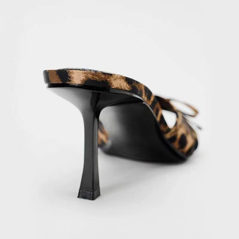 ZllKl New Women's Shoes Bow Leopard Print High Heel Sandals Pointed Stiletto Mesh High Heel Sandals Women's Shoes Summer