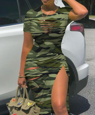 ZllKl European and American Sexy round Neck Short Sleeve Ripped Slit Pleated Dress