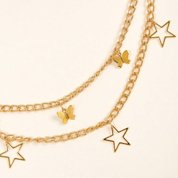 FB3331 2025 waist chain hollow pentagram alloy butterfly pendant wave fringe pendulum chain waist chain